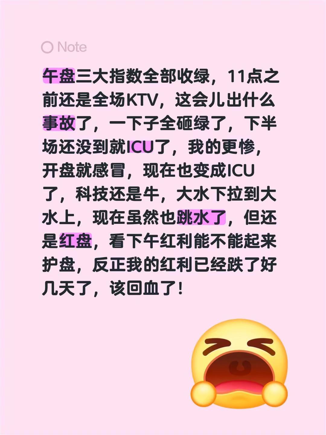 午盘三大指数全部收绿，11点之前还是全场KTV，这会儿出什么事故了，一下子全砸绿