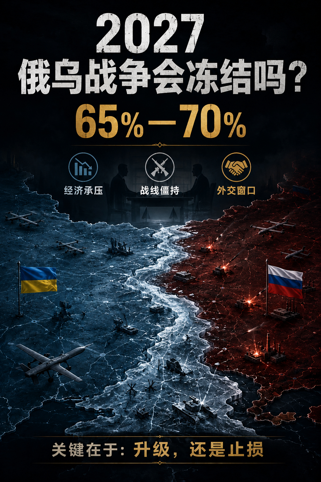 Claude对于2027年俄乌冻结战争概率评估。数字2027年全年累计概率：65