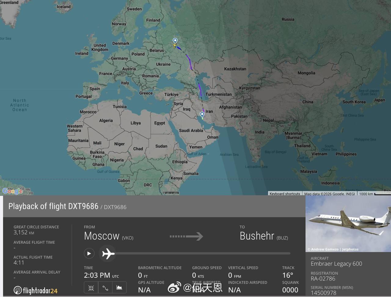 一架俄罗斯飞机在伊朗南部的布什尔机场降落并起飞，很可能是从布什尔核电站撤离俄罗斯