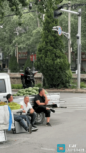 太出乎意料了！近日河南，三位大叔正坐在路边卖水果兼唠嗑，突然从身后的西瓜车旁蹿出