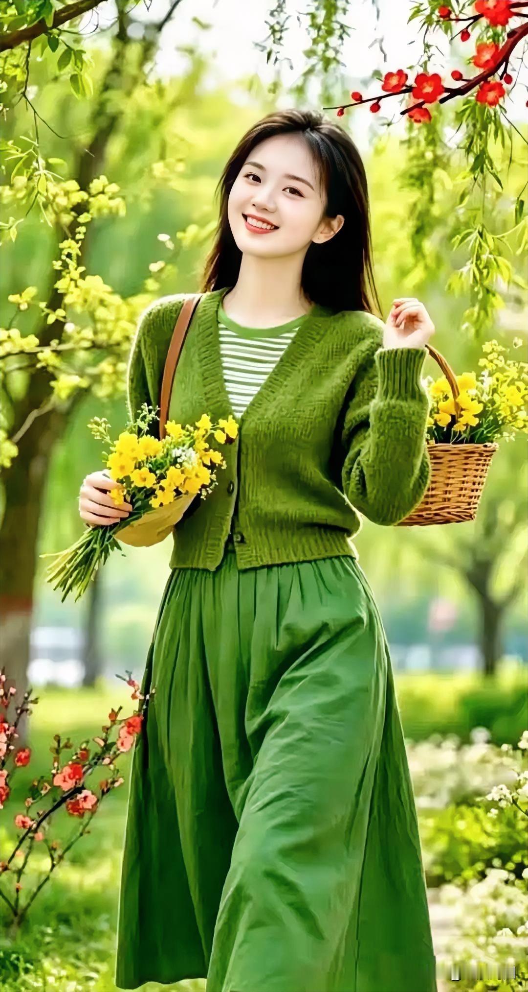 绿衣佳人浅笑，花篮映衬春光。绿裳春景照 绿裙美人 绿裙美人自拍 绿裙侧颜随拍