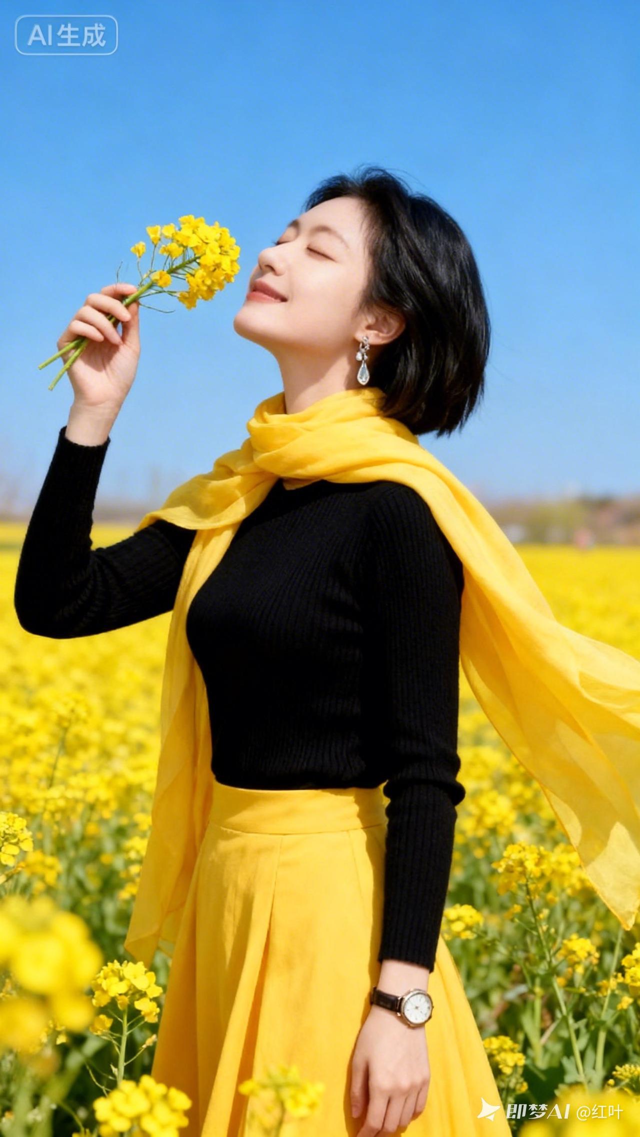 在花田里，闻着花香，好惬意！