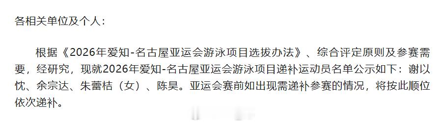 谢以忱、余宗达、朱蕾桔、陈昊入选亚运大名单递补。亚运会赛前如出现需递补参赛的情况