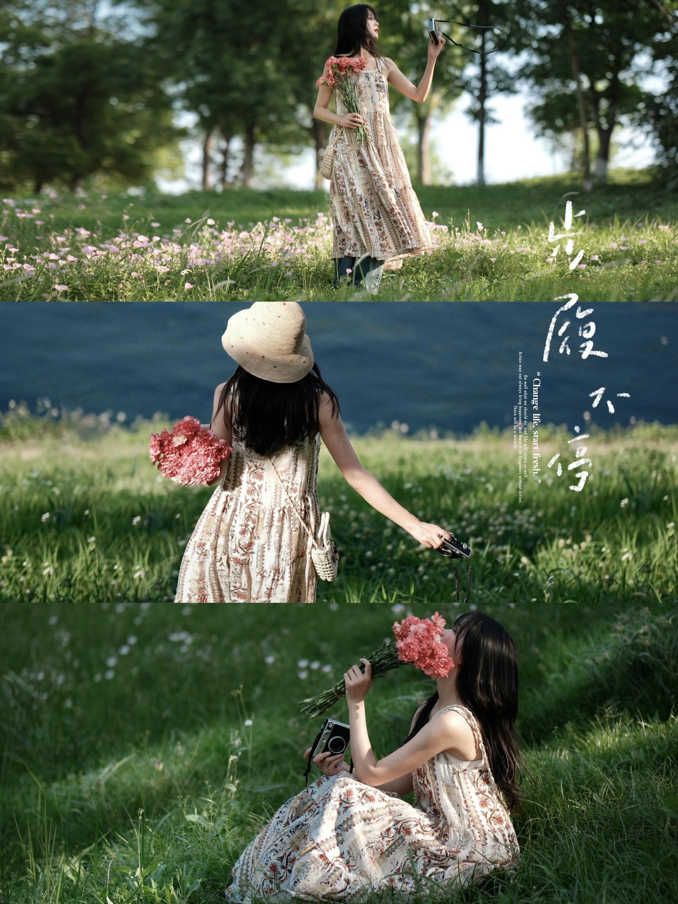 夏日森系电影感｜树林拍照。好喜欢这片树林呀～🌲 开满了野花🌼 微风...