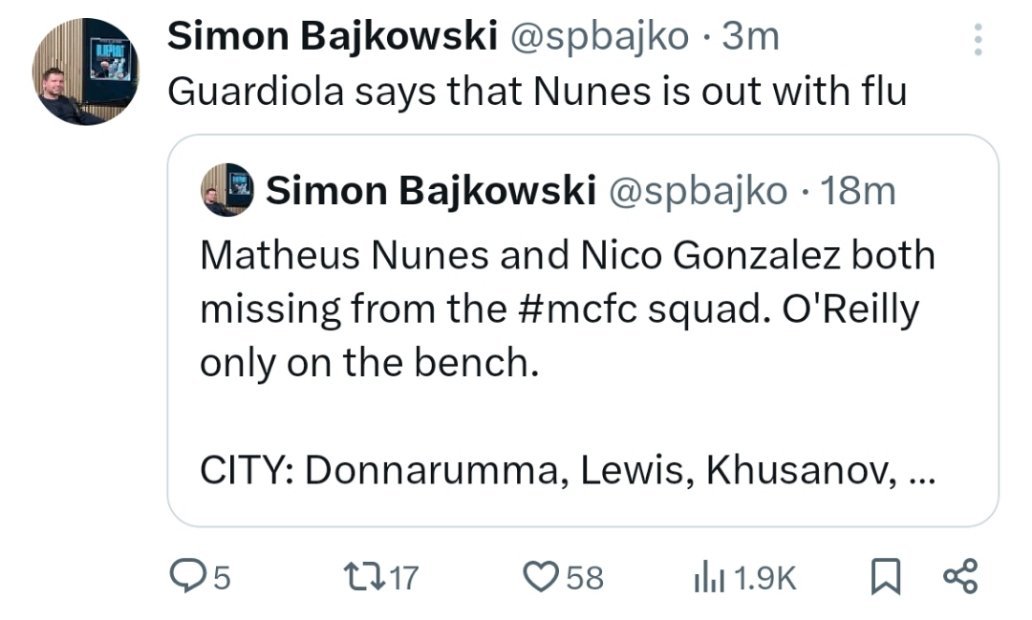 瓜迪奥拉表示，努内斯因流感缺阵 