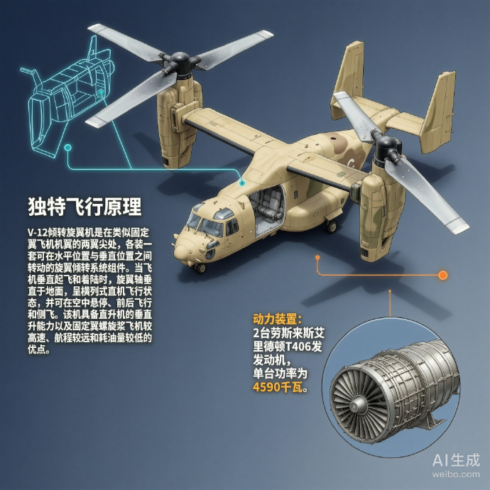 军事ai新视野 美国V-22“鱼鹰”倾转旋翼机机身长度：17.5米旋翼直径：11