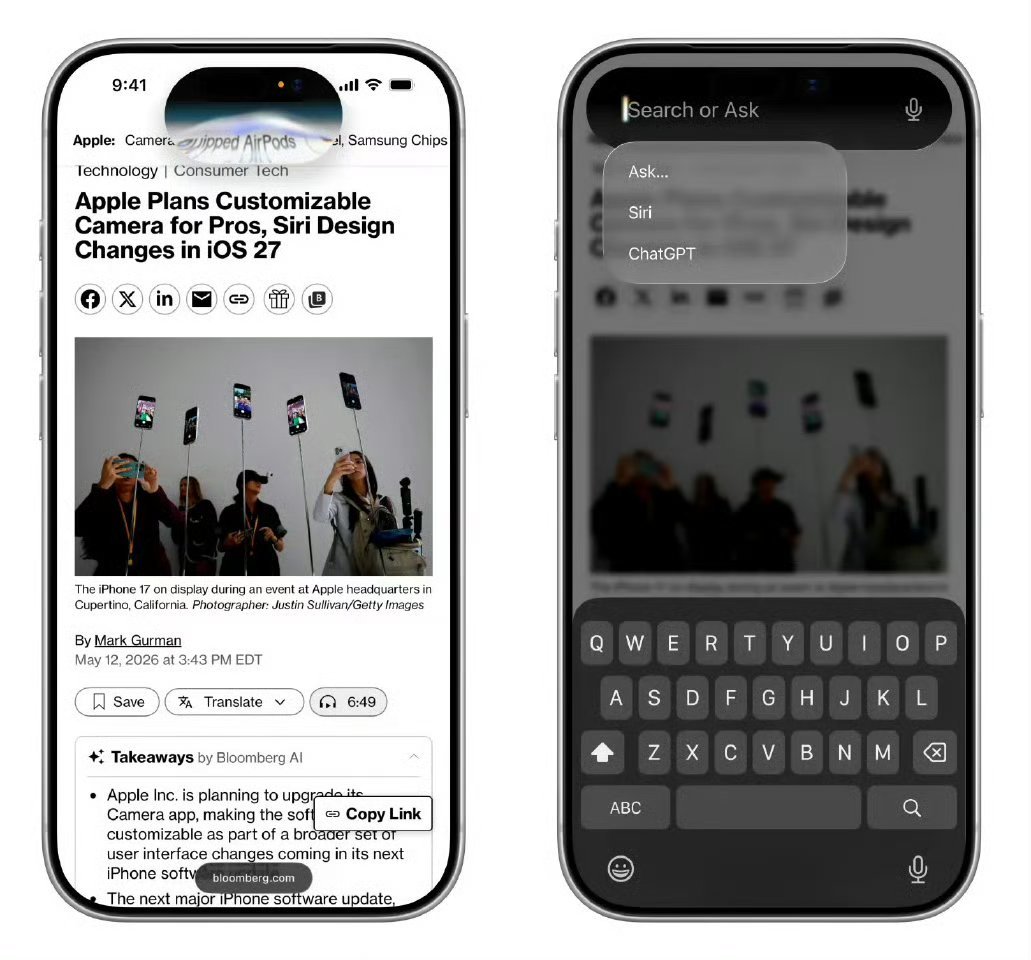 苹果iOS 27 Siri新界面曝光苹果的下一个十年，是在设计上改变，还是在系统