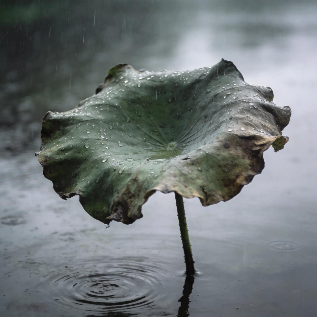上联：枯荷听雨残枝立
下联：老树经风枯叶落
此下联与上联意境相契，枯荷对老树，听