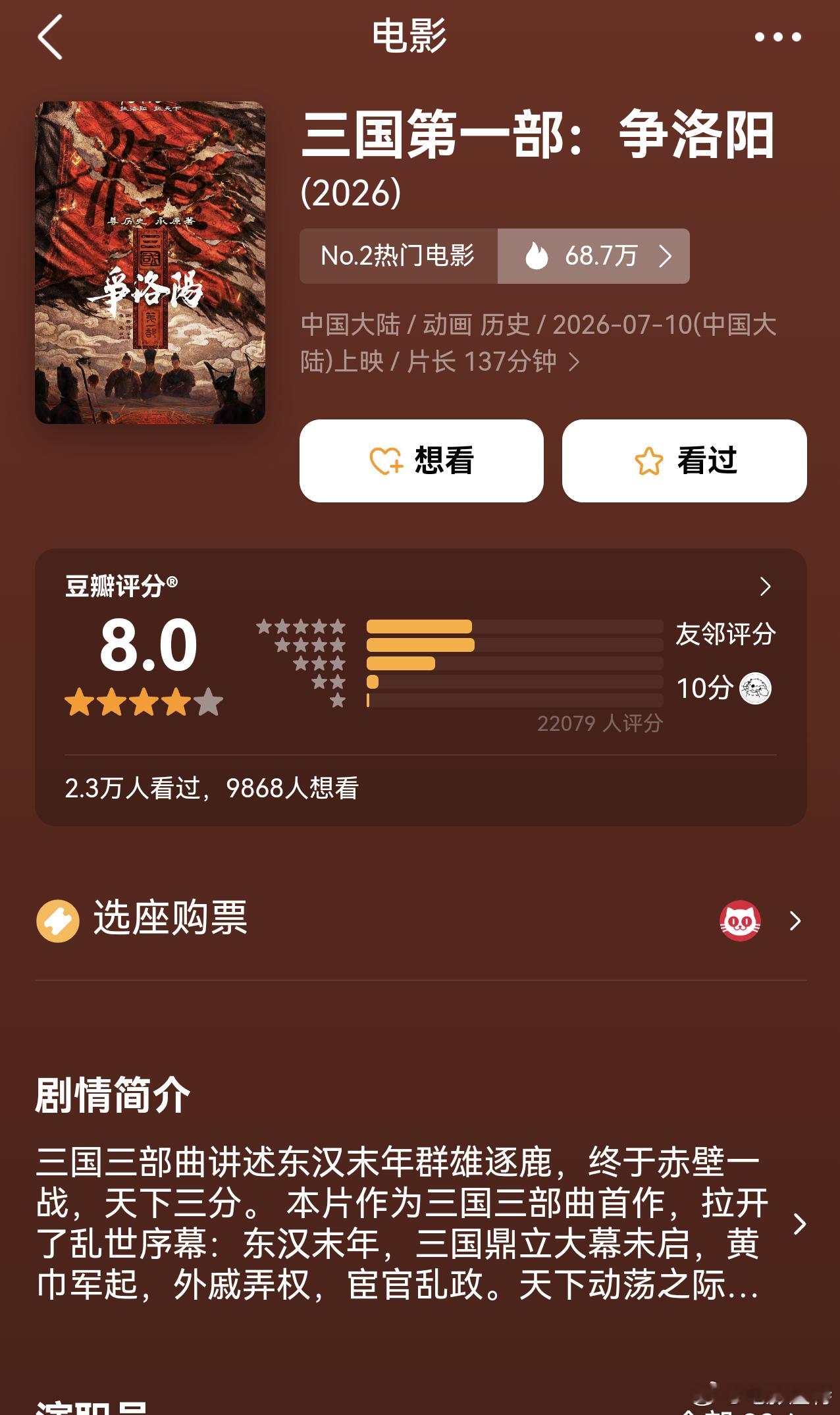 听听温特怎么说电影《三国争洛阳》 豆瓣开分8分。 