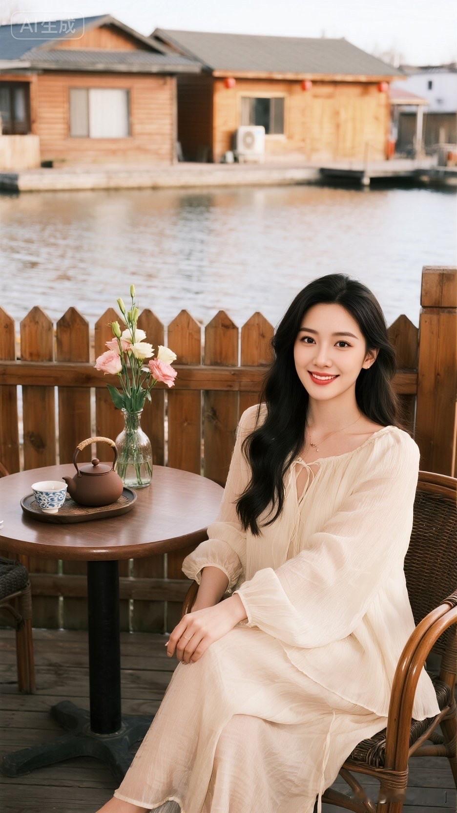 一位姑娘坐在湖边，笑得真甜。