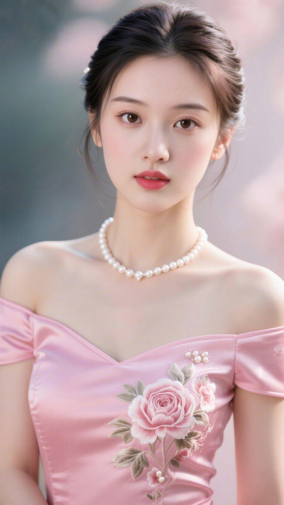 《粉衫载满柔花意》
 
柔粉裙衫裹着浅光，襟边绣就的蔷薇似沾了晨露的清甜，颈间珠