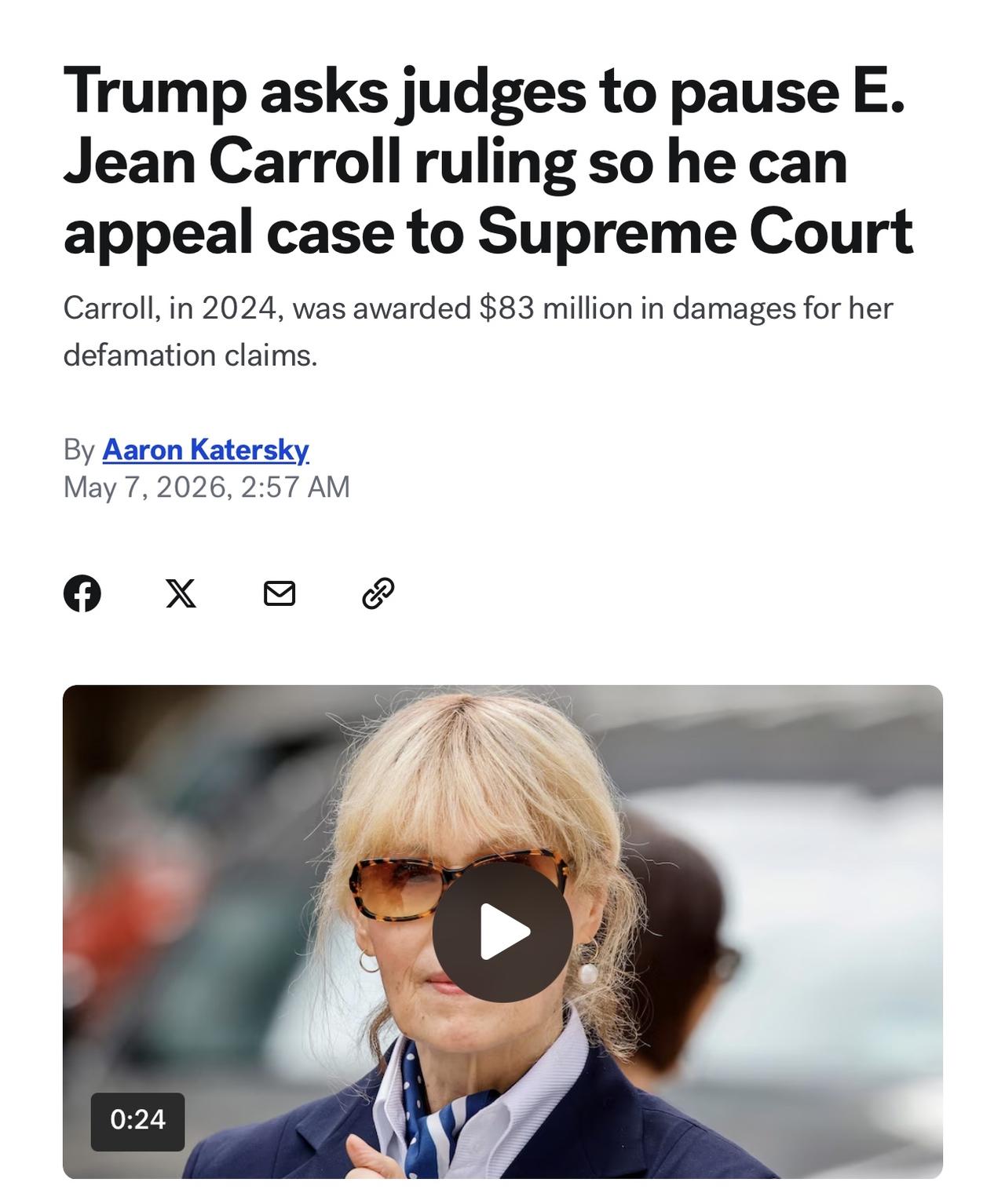 特朗普已请求纽约联邦上诉法院暂停其驳回他对作家卡罗尔E. Jean Carrol