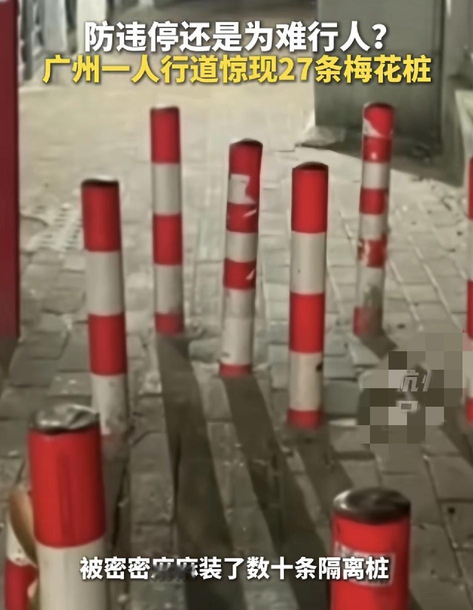 广州一人行道不少市民反映，一人行道装上了21条的梅花桩，本身是防止违停电动车的，