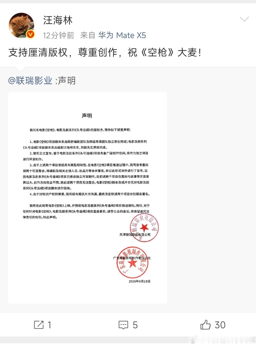 汪海林回应空枪声明汪海林支持空枪厘清版权 汪海林回应空枪声明不错片 