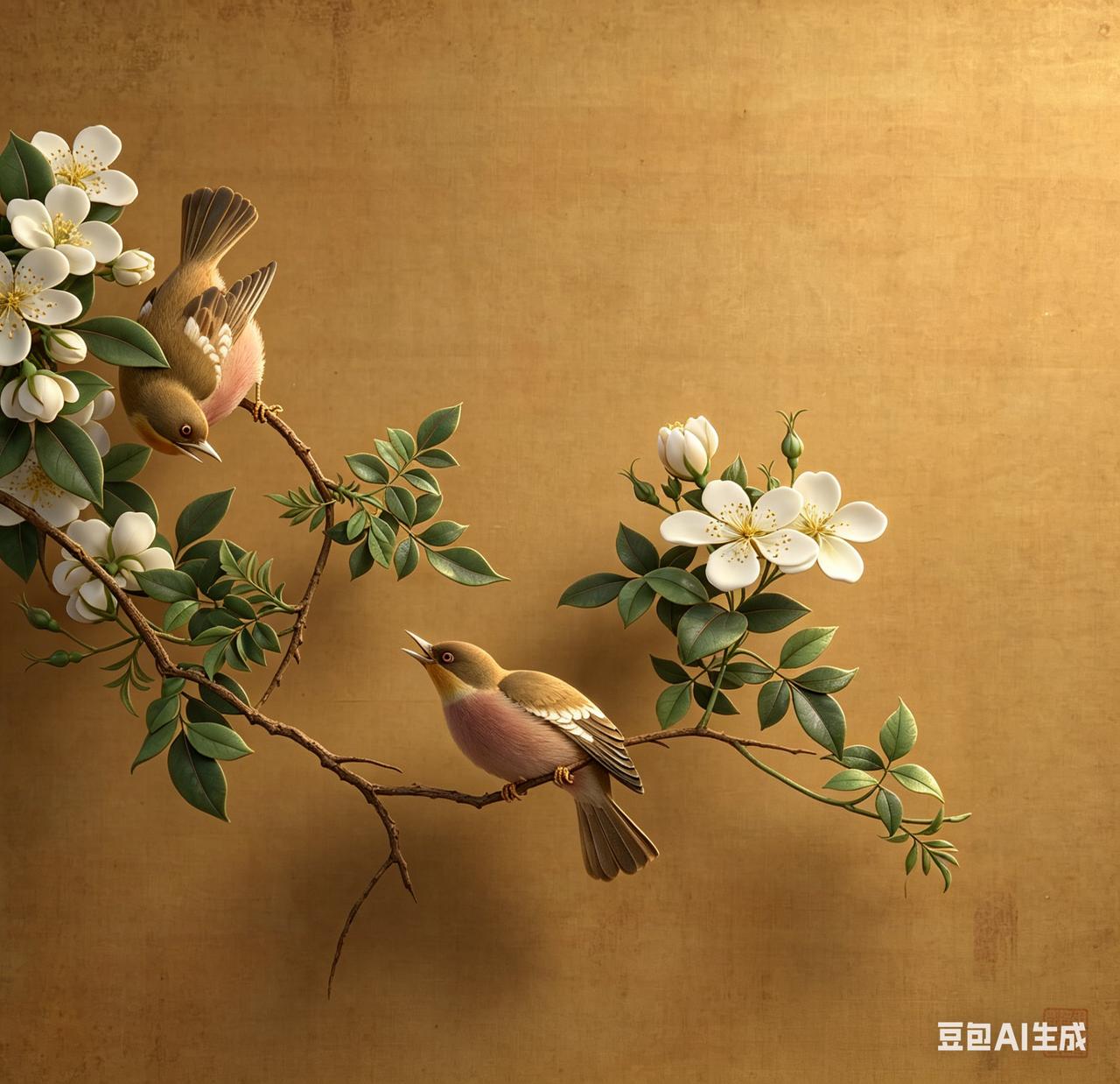 黄筌《长春花鸟册》：花卉翎毛（AI复原图）
