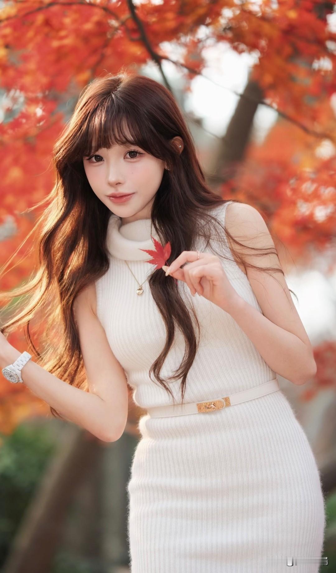 秋日暖阳下，红叶与白裙相映成趣，少女轻抚红叶，唯美动人。