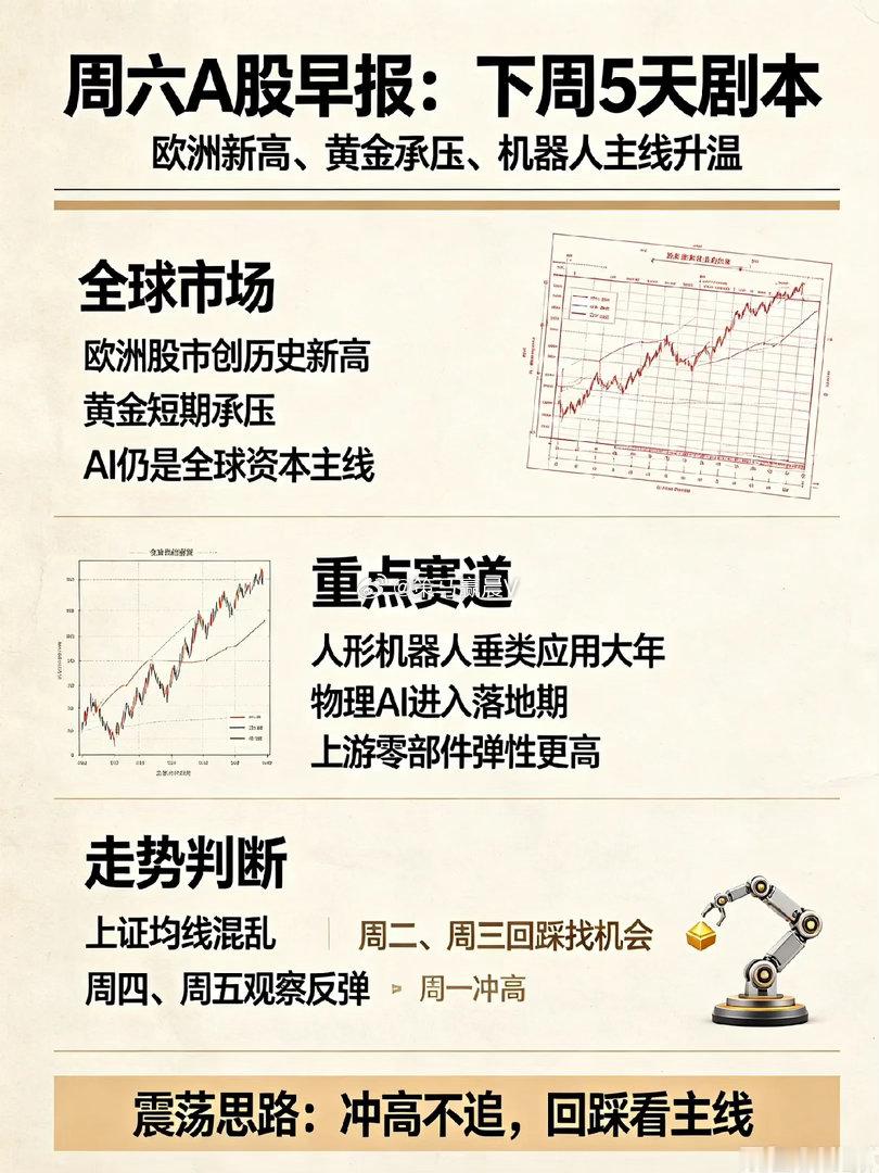周6,欧洲股市创历史新高,下周A股5天剧本来了！今天早上我说三件事：①摩根大通：