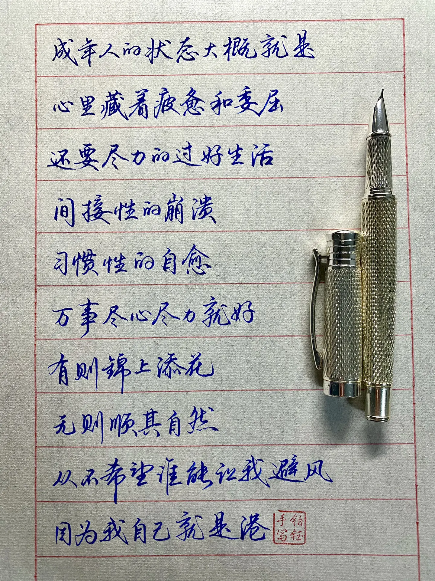 成年人的状态大概就是，心里藏着疲惫和委屈，还要尽力的过好生活