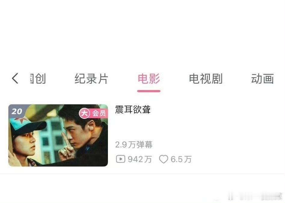 檀健次《震耳欲聋》B站电影排行榜上榜前20了呢