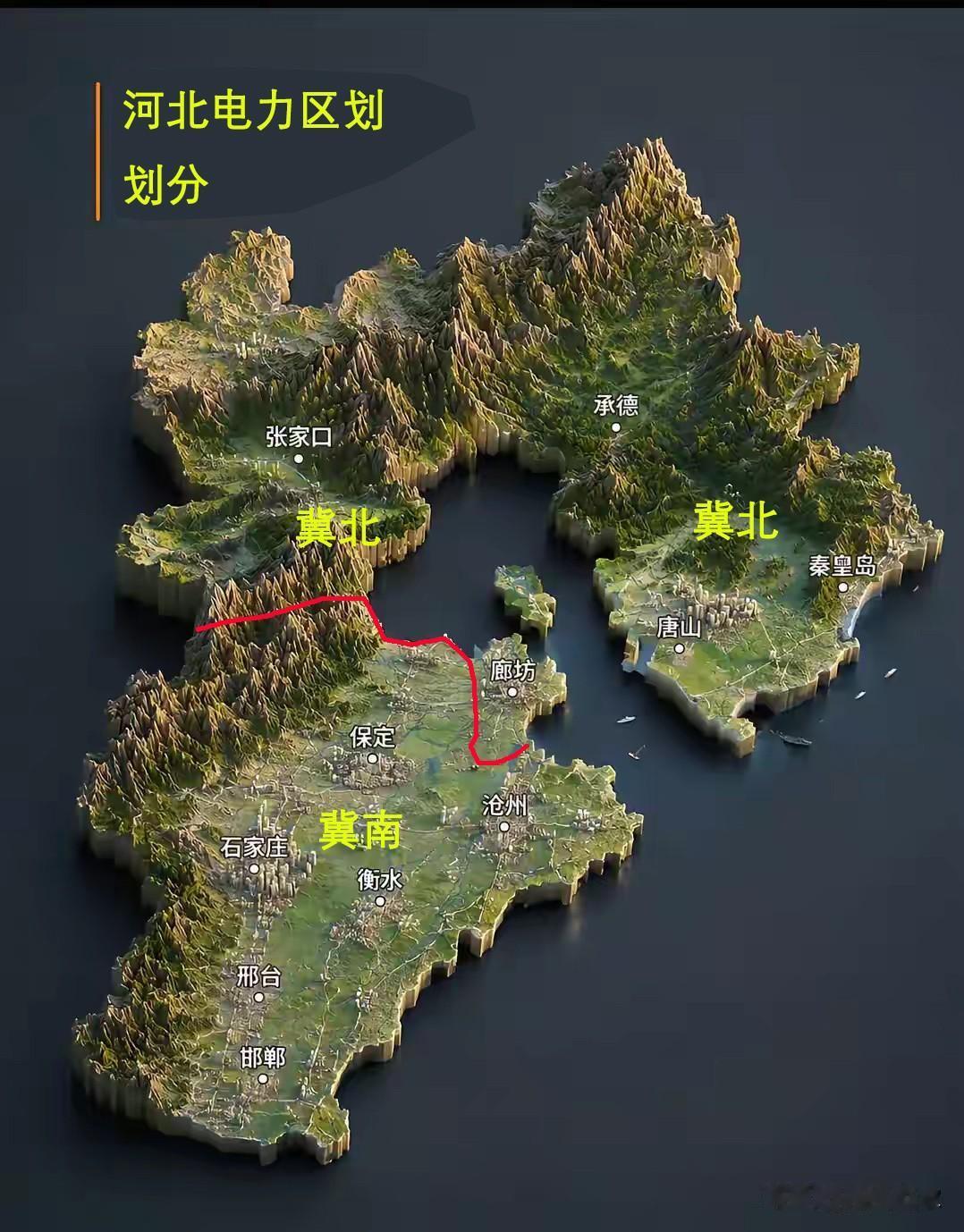 在电力系统版图，河北分为冀北和冀南，冀北包括张家口、承德、唐山、秦皇岛、廊坊，冀