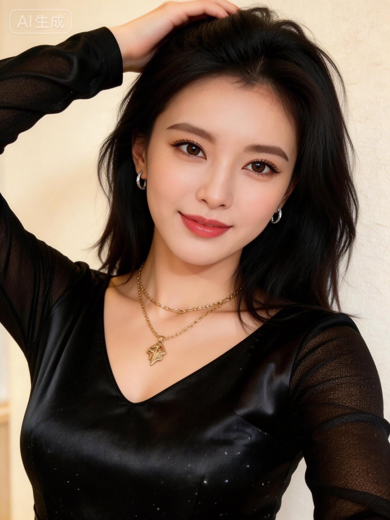 优雅黑丝绒连衣裙，闪耀金项链，甜美微笑，气质满满！💖✨