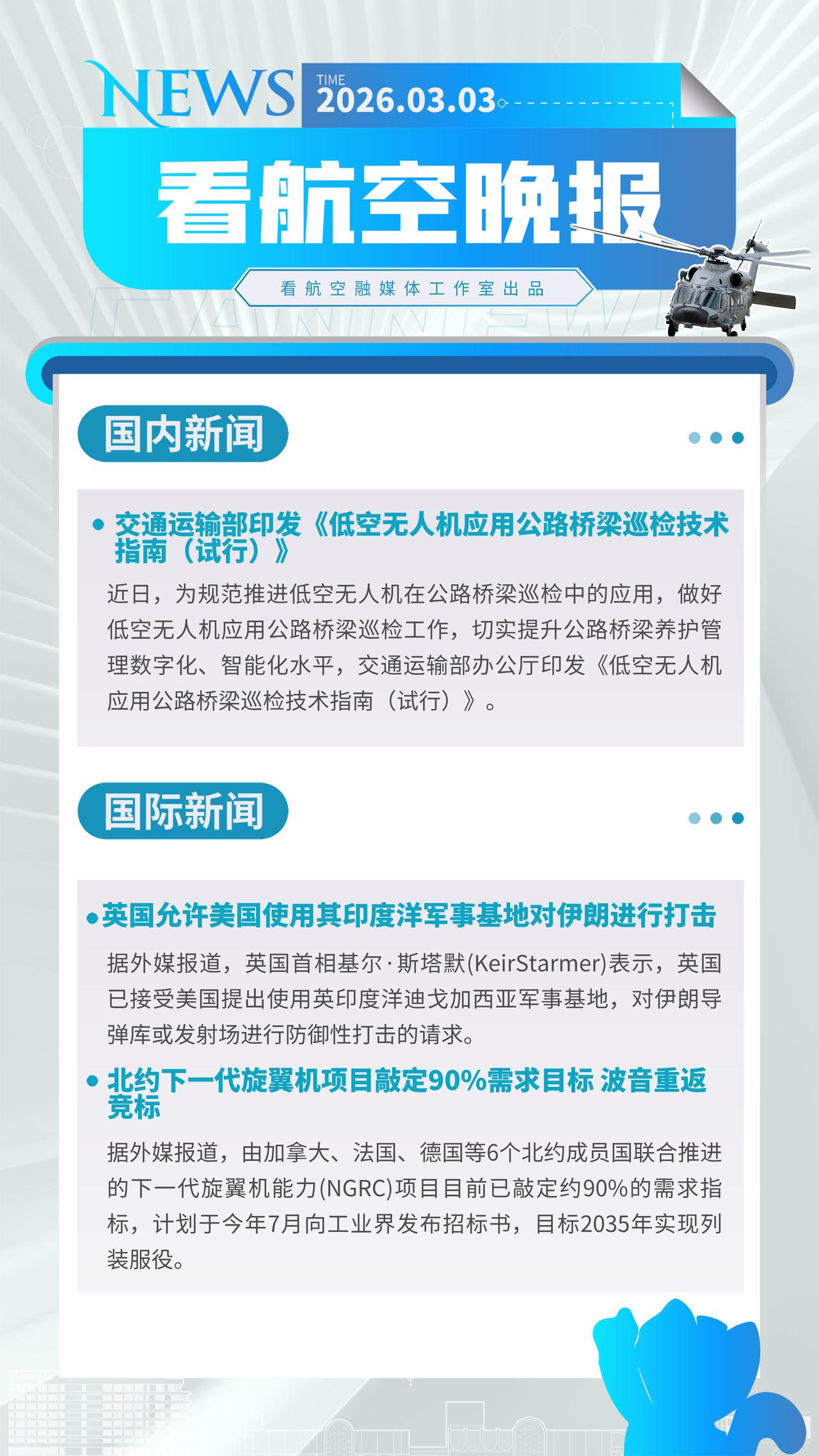 3.3晚报
交通运输部印发《低空无人机应用公路桥梁巡检技术指南（试行）》
英国允