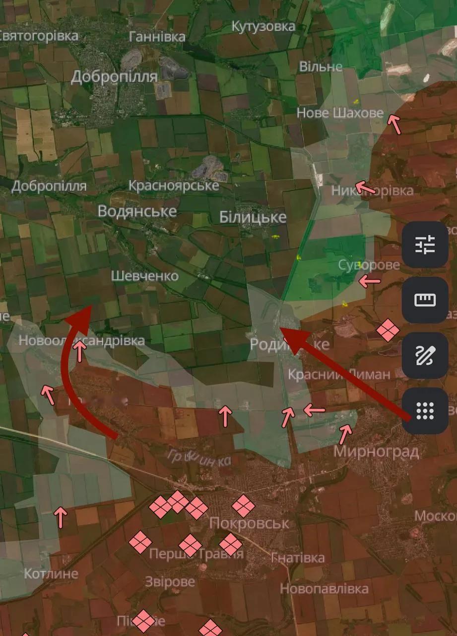 罗丁斯科耶（罗金斯克）方向激战正酣：
 
俄方突击兵力持续渗透多布罗皮利亚方向的