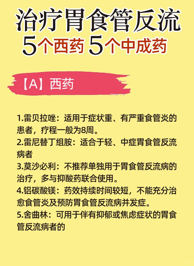 治疗胃食管反流，5个西药，5个中成药