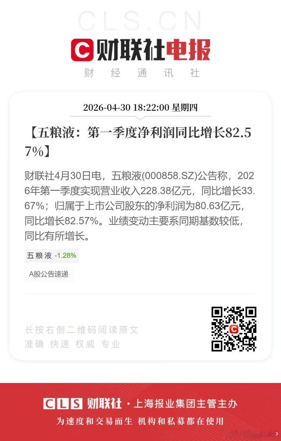 五粮液这个一季报是不是惊喜？还是惊吓到了？具体大家怎么看节后看股价表现就知道了！