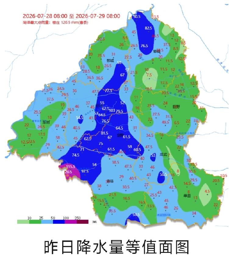 7月28日8时至29日8时菏泽市雨情
7月28日8时至29日8时全市平均降水量3