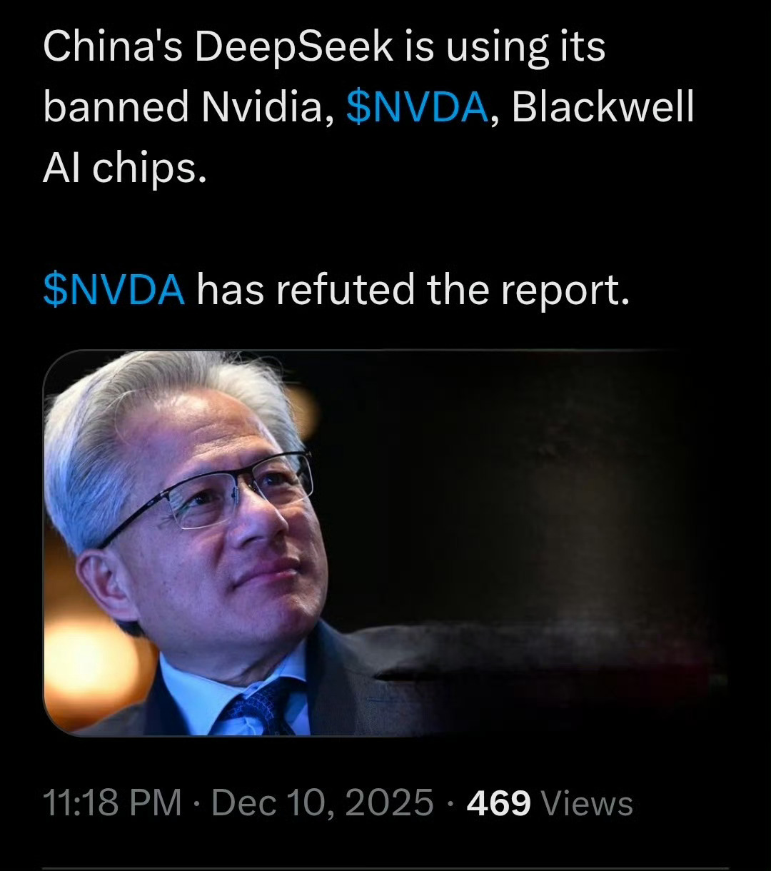 西媒大肆炒作Deepseek使用数千颗走私的英伟达芯片来训练他们的最新一代模型。