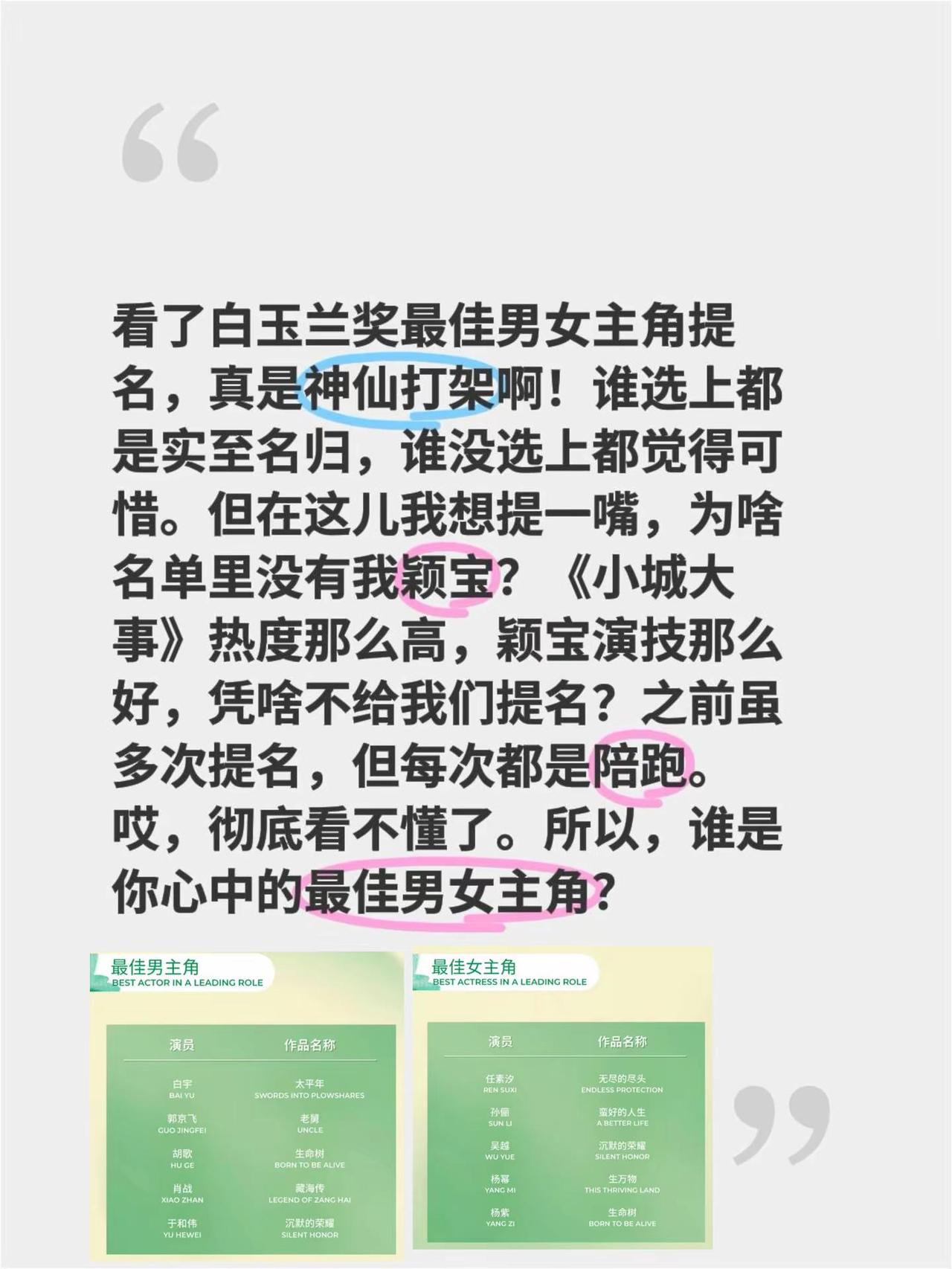 白玉兰奖赵丽颖没提名？看了白玉兰奖最佳男女主角提名，真是神仙打架啊！谁选上都是实