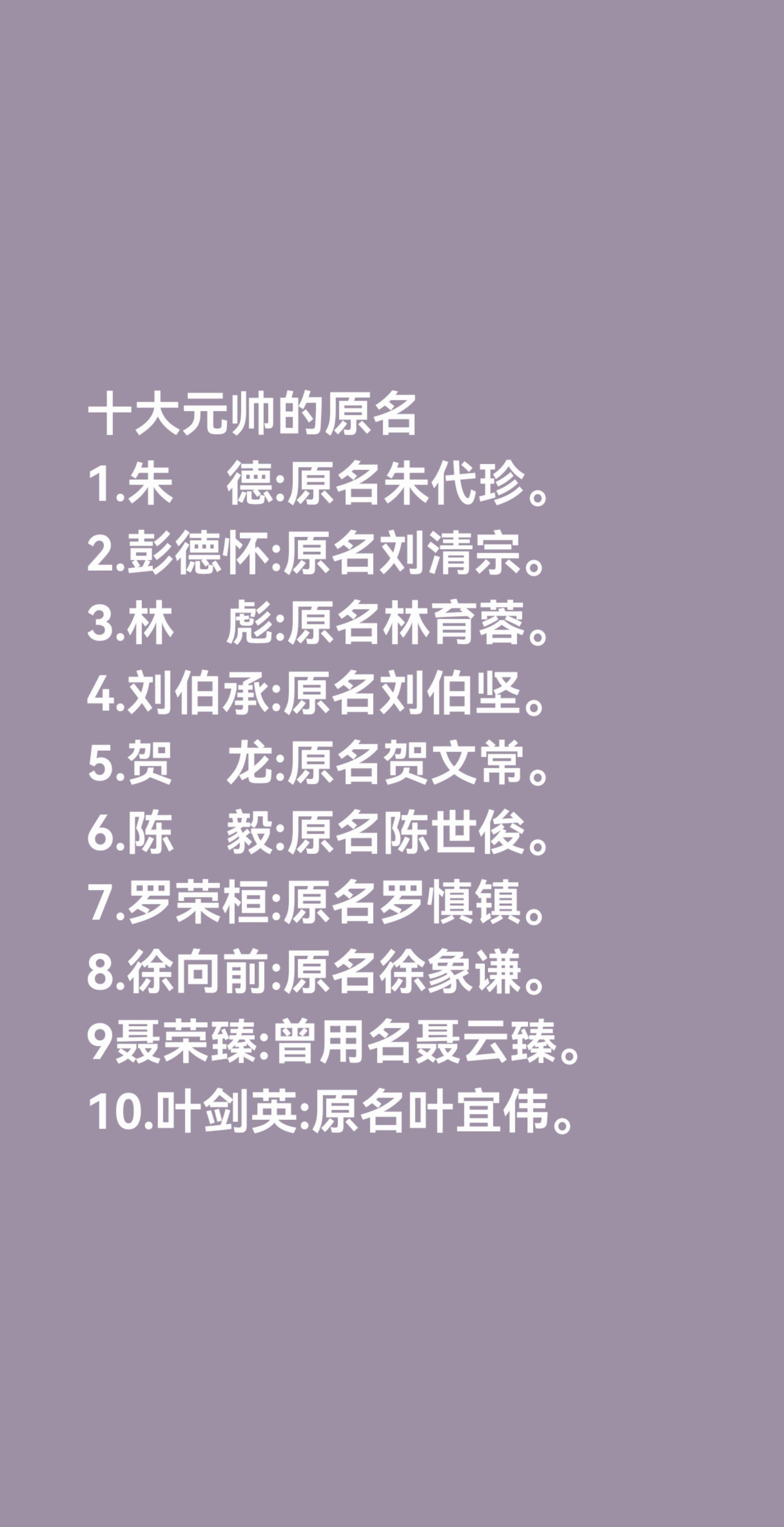 十大元帅的原名 1.朱    德:原名朱代珍。 2.彭德怀:原名刘清宗...