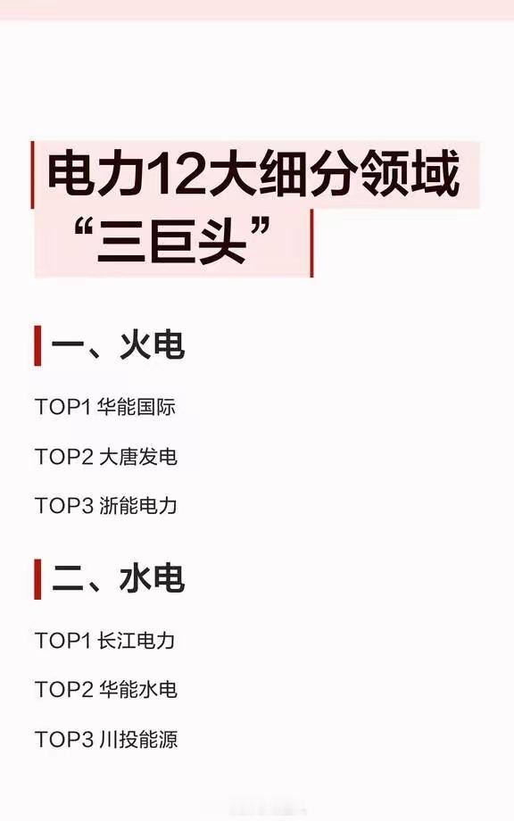 电力12大细分领域“三巨头” 