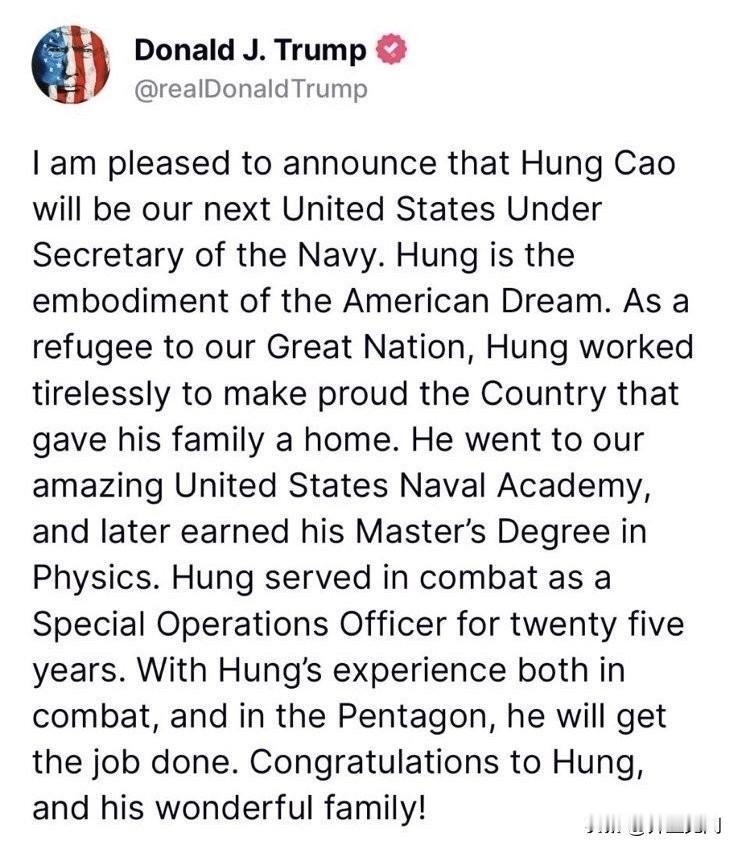 特朗普正式提名高雄为海军部长！没想到这么快。下面需要国会批准，应该问题不大。
