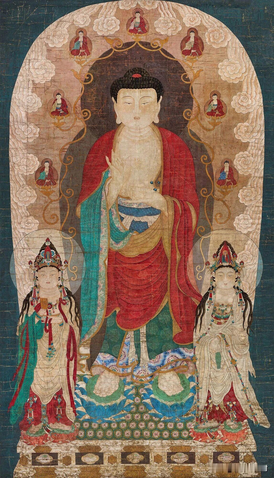 一幅珍贵的明清汉传古佛画｜西方三圣
 
这是一件曾经亮相保利拍卖的古代绢本佛画，