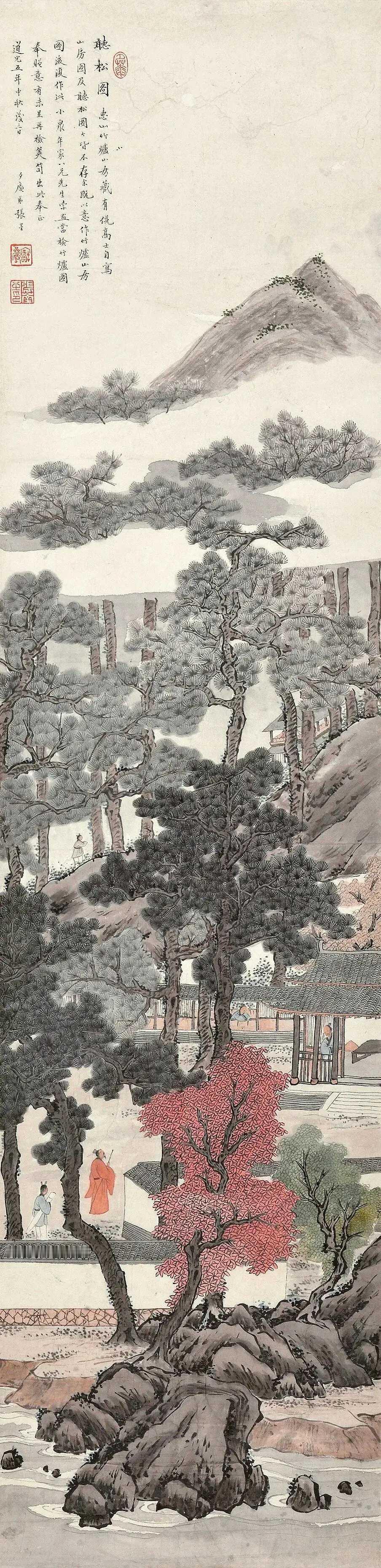 张崟《听松图》，纸本 135×33 cm。张崟（1761年5月6日—1829年1