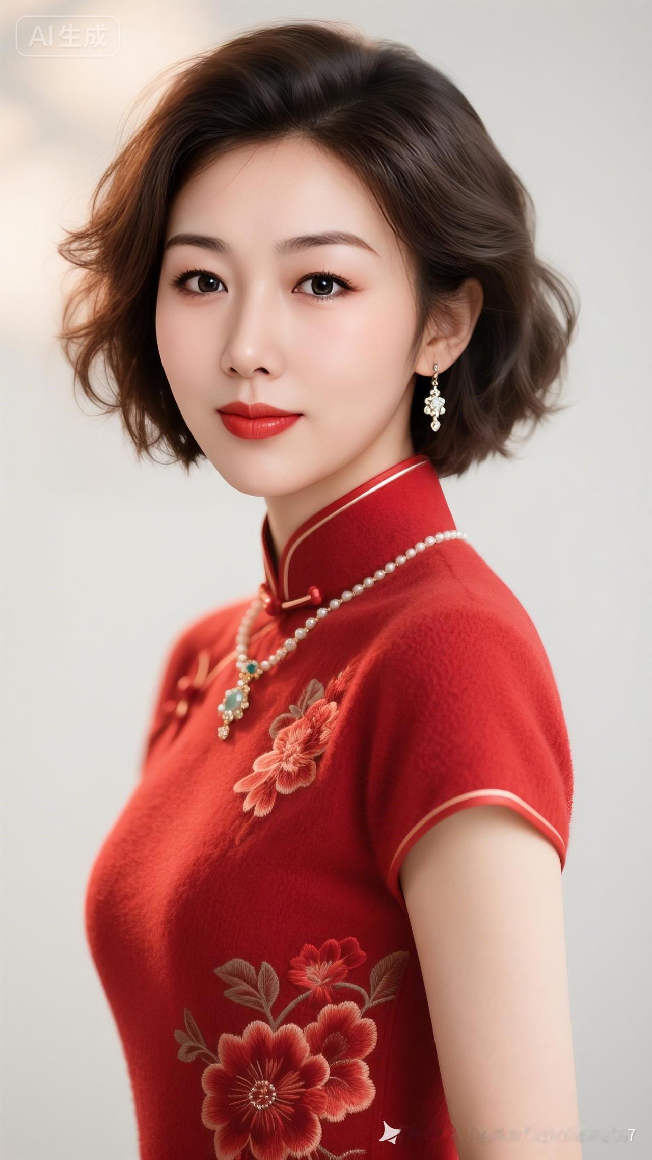 这位美女穿着红色旗袍，真漂亮！