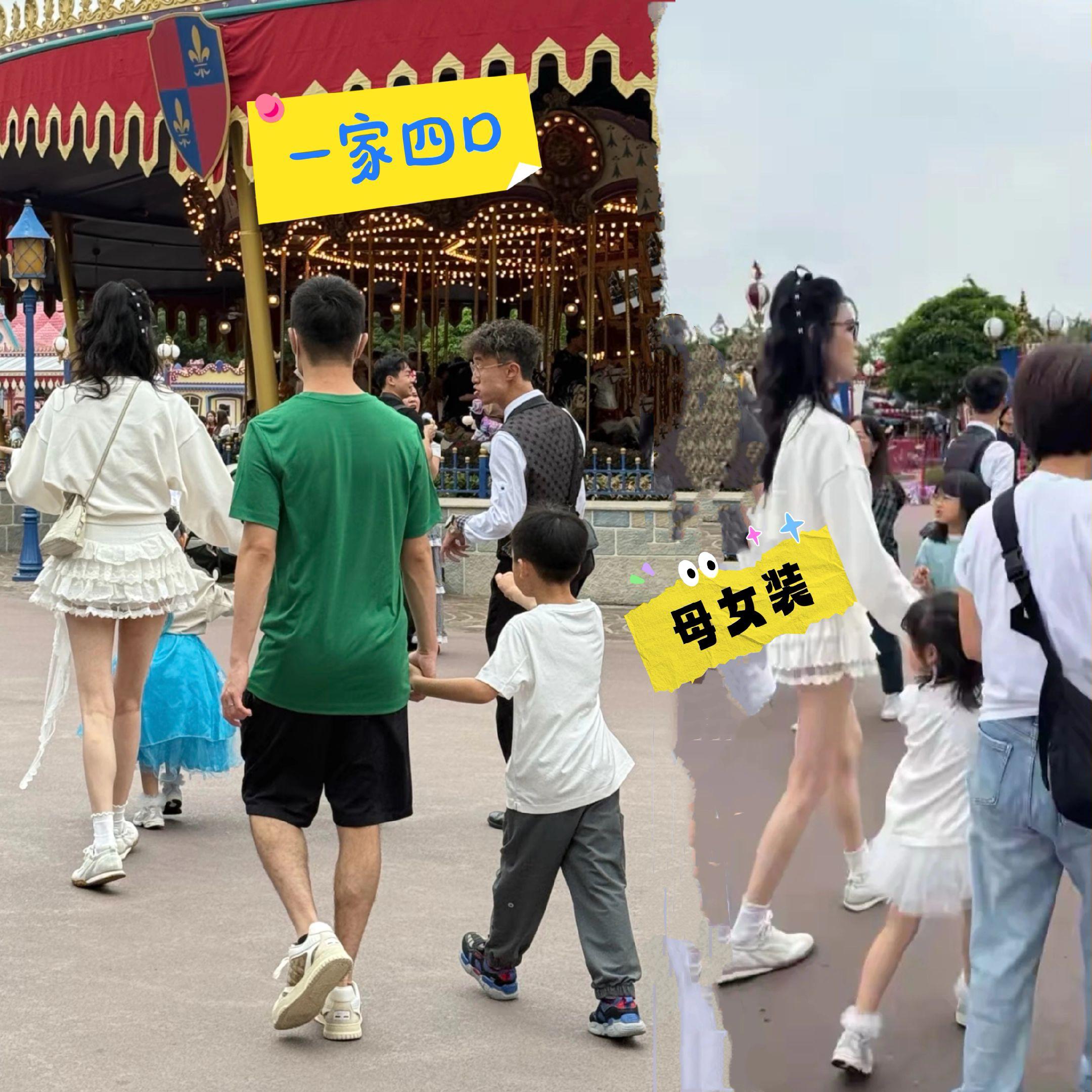 奚梦瑶跟女儿穿“母女装”出行。奚梦瑶一家四口现身迪士尼，奚梦瑶跟女儿都...