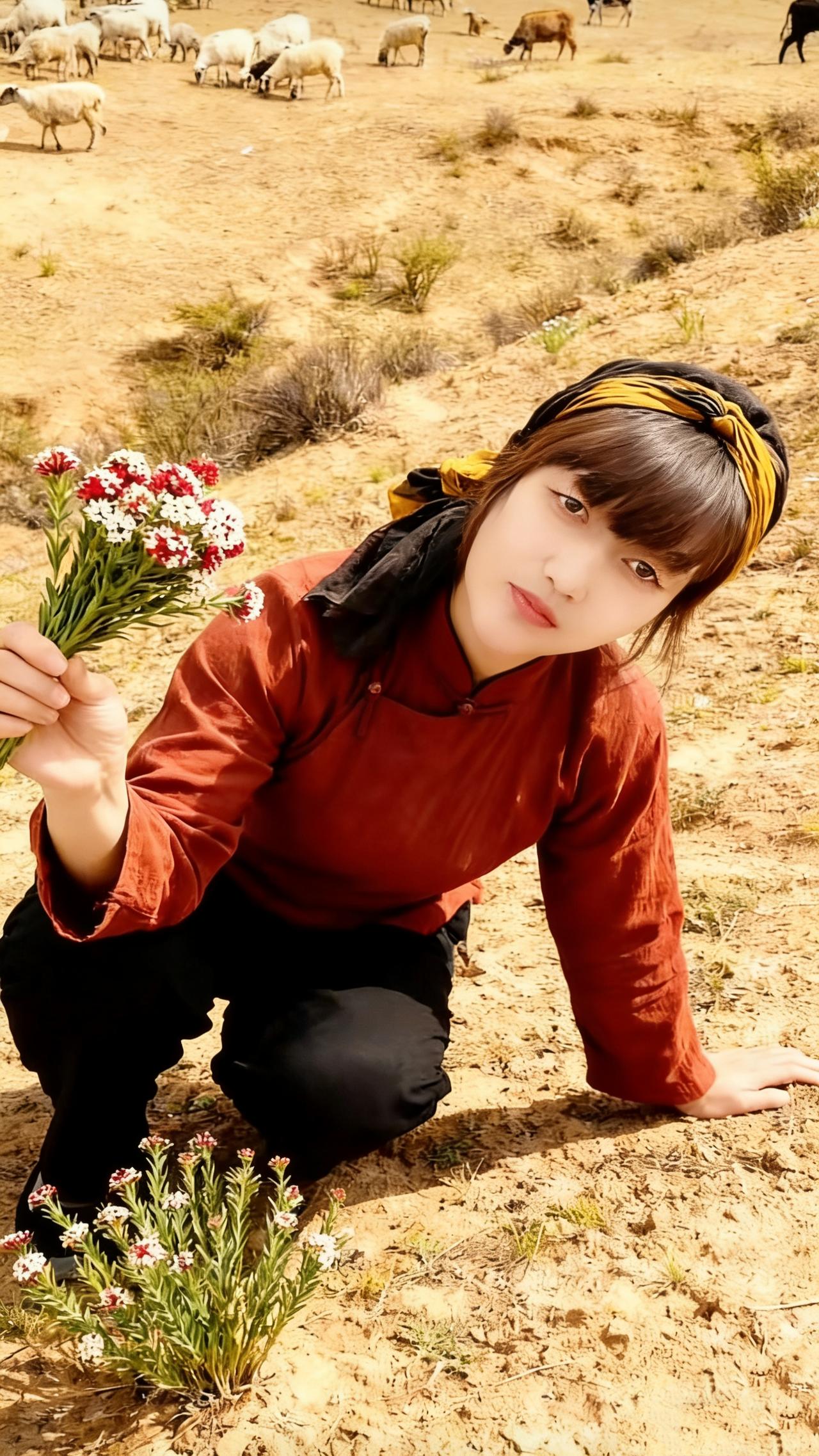 荒坡花意伴牧歌
 
风裹着黄土的气息漫过坡梁，我跪坐在沙砾间，指尖轻触那丛红白小