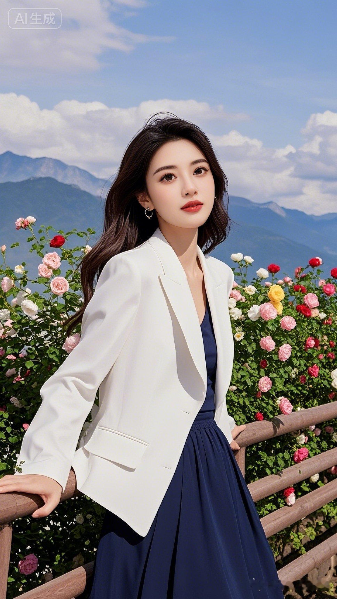 30岁精致贵妇，褐黑中长发，白兰休闲西装配黑长裙，笑容灿烂。侧身倚栈道栏杆，缤纷