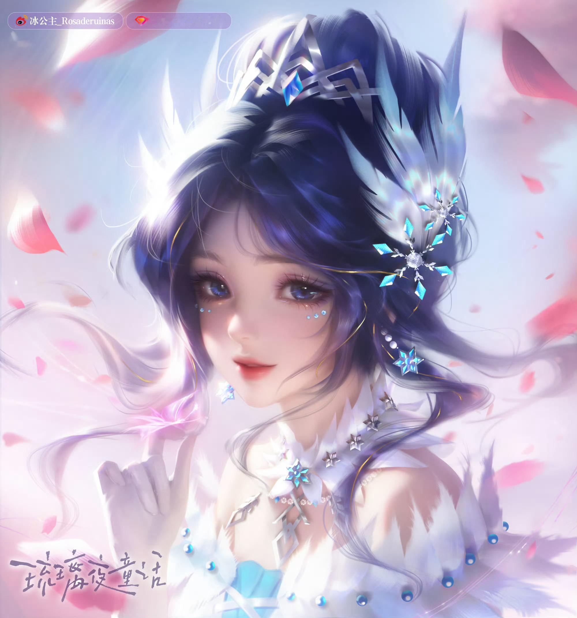 冰雪世界降临的少女，洁白的皮肤，精致的面容，长发迎风飘起，蝴蝶随之起舞精灵梦叶罗