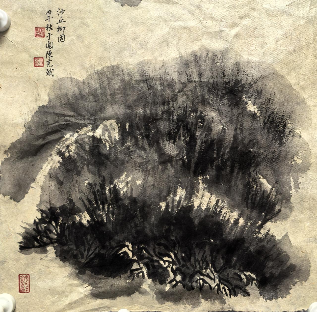 红柳开枝艳大漠！
丙午秋于阗陈克斌泼墨桑皮纸山水！