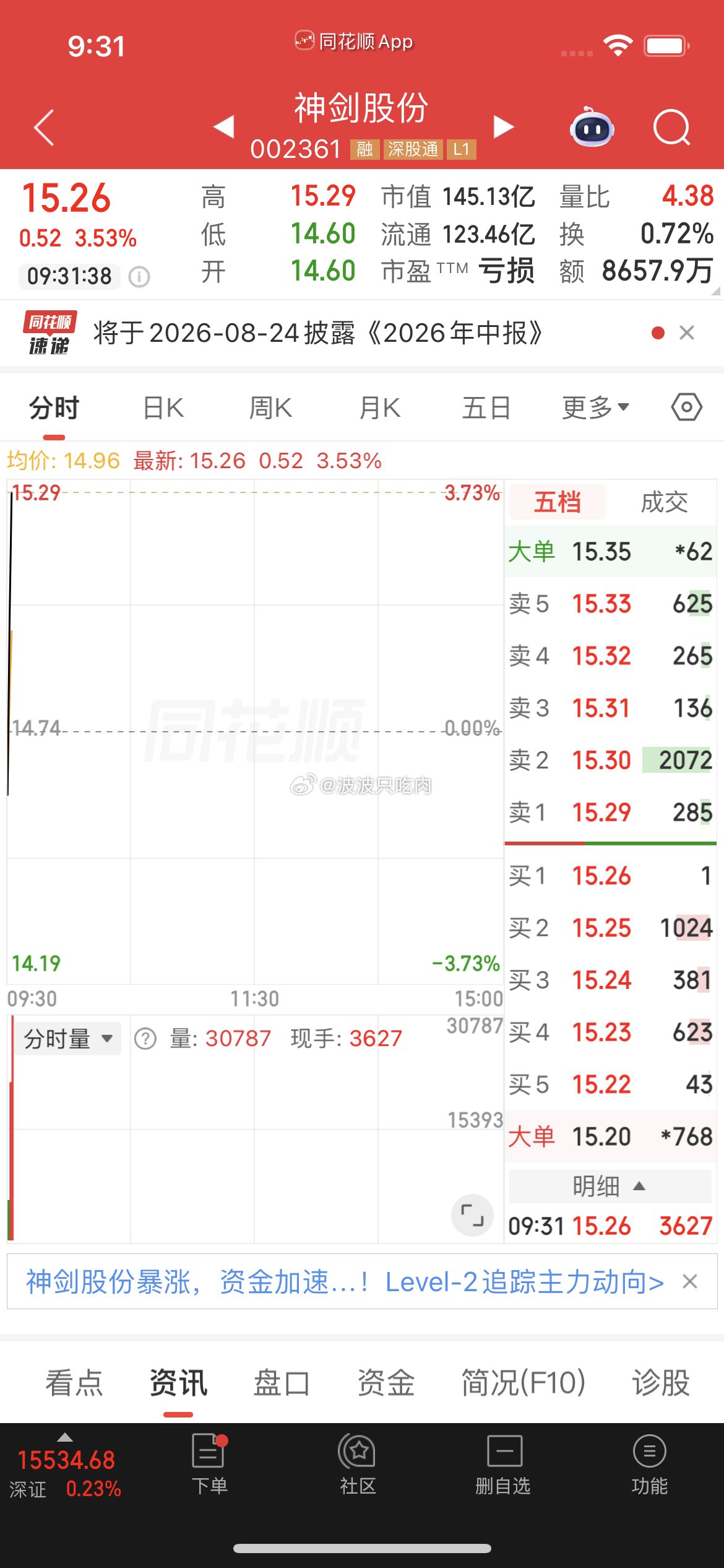 逢低关注神剑股份 