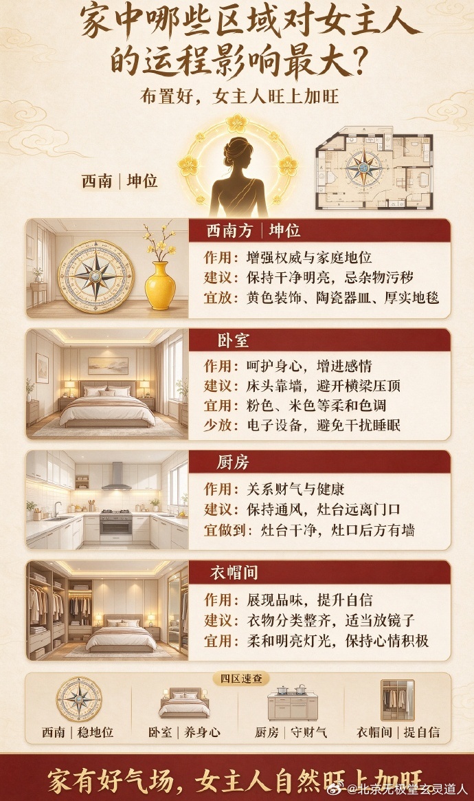 家中哪些区域对女主人的运程影响最大？布置好，女主人旺上加旺一、西南方（坤位）——