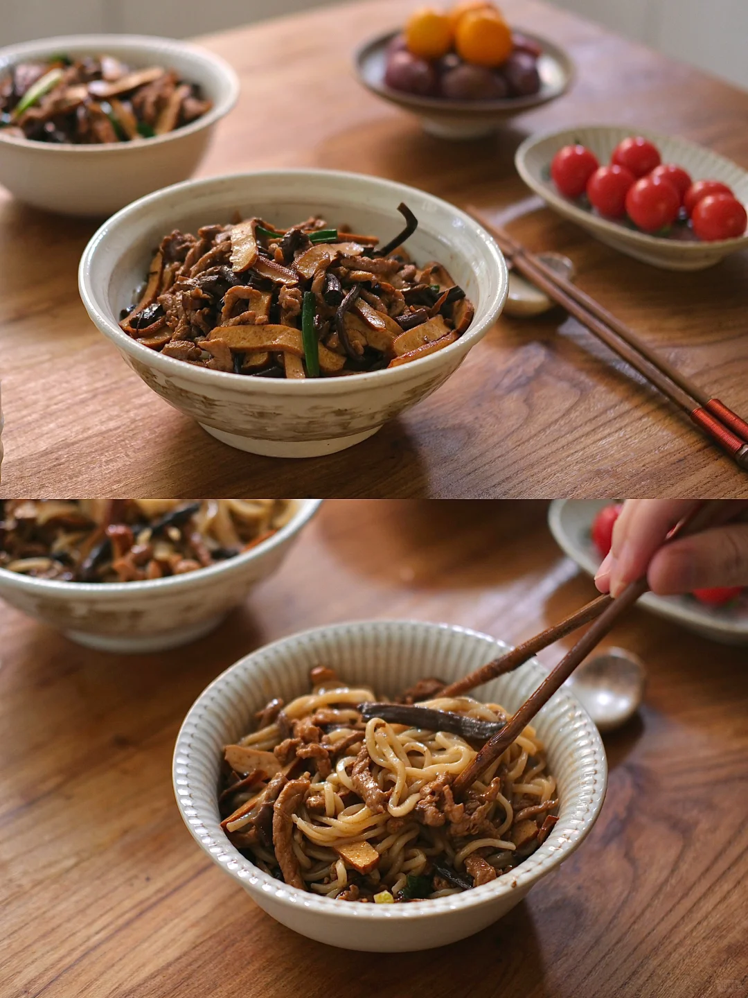 老婆点菜第248天 茶树菇香干肉丝拌面