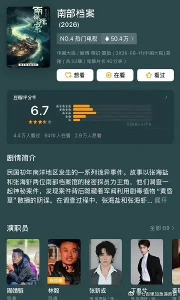 张新成、丁禹兮《南部档案》豆瓣开分6.7 