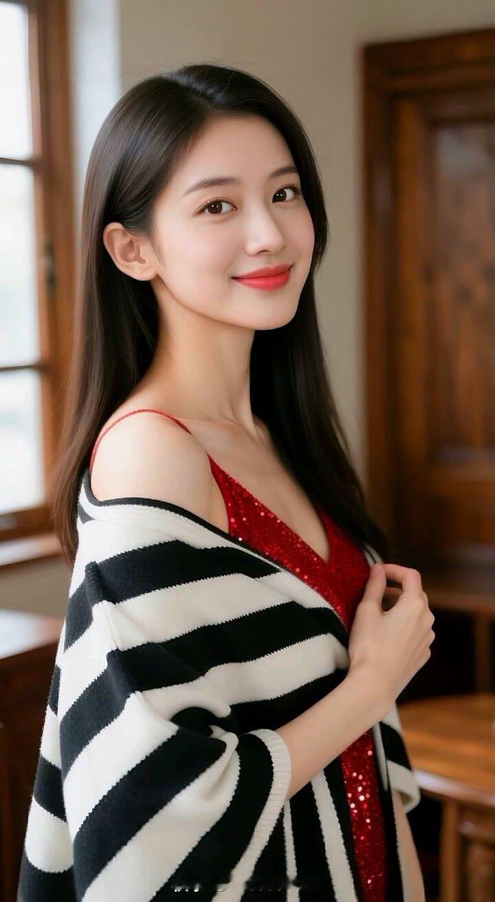 红衣映笑颜，黑白相间韵。