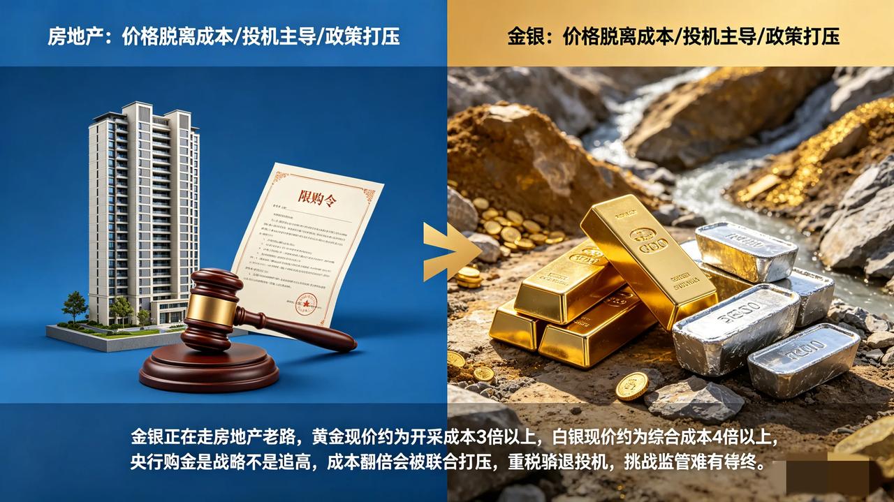 金银现在走的就是房地产老路，黄金成本价的近2倍，白银成本价的4倍，尤其关联工业需