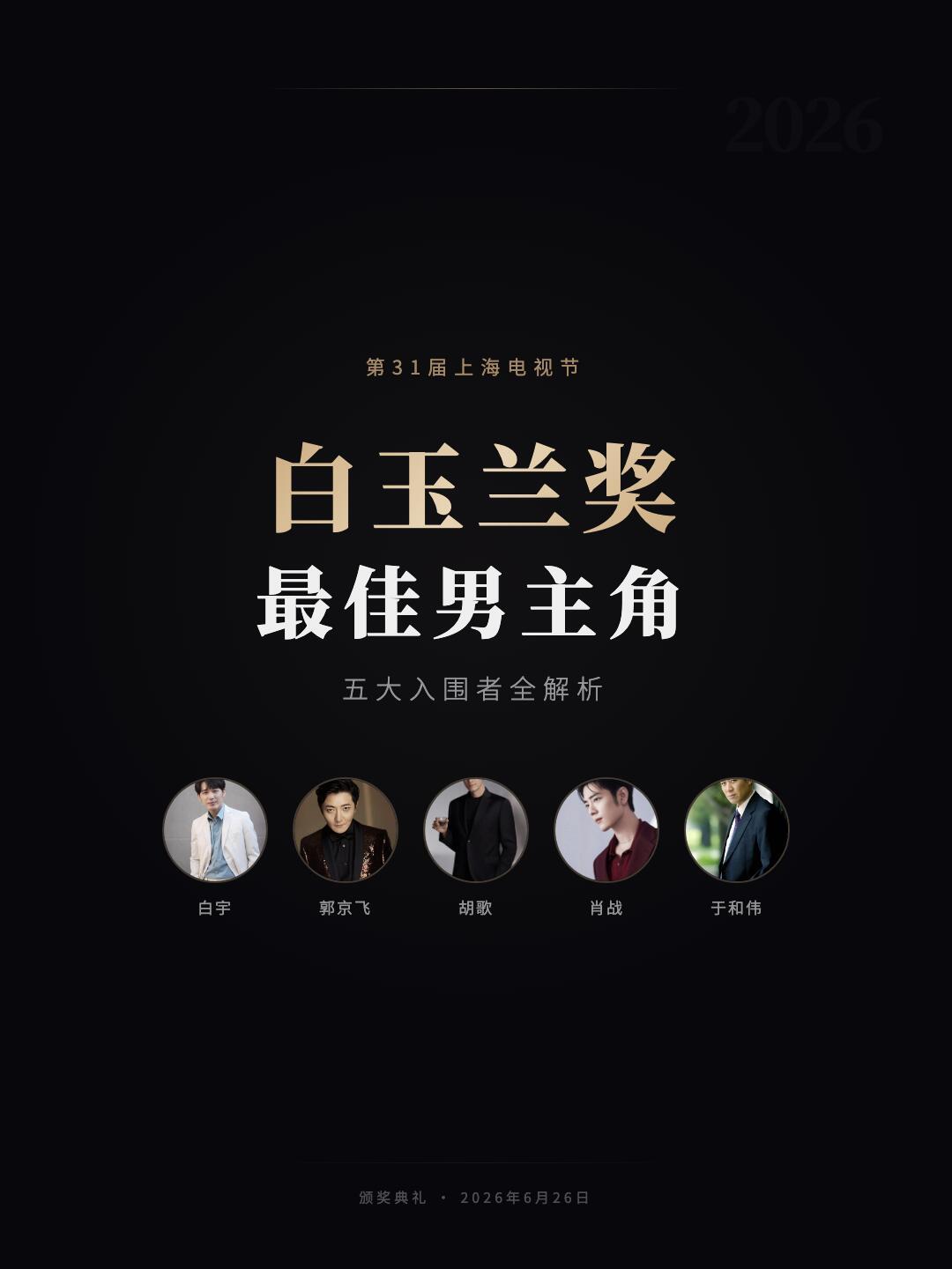 白玉兰视帝五强争霸，谁能封帝？你们觉得是胡歌还是肖战呢 感觉肖战更胜一筹 